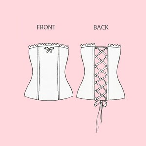 May include: Illustration of a white corset with a scalloped top and a bow detail. The front view shows vertical lines, while the back view reveals a pink lace-up design. The word "FRONT" and "BACK" are above each view.