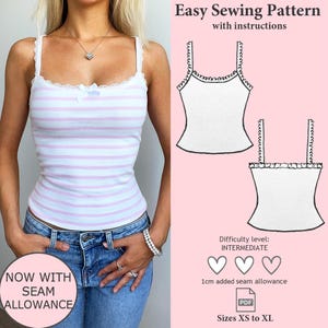 May include: A white and light pink striped camisole with a lace-trimmed neckline and a small center bow. The image includes a sewing pattern diagram, text stating Easy Sewing Pattern with instructions, 1cm added seam allowance, and sizes XS to XL.