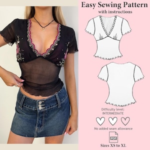 Lace Frill Top Sewing Pattern, Y2K Crop Top Sewing Pattern, Trendy Top Sewing Pattern PDF, Easy Sewing Pattern, Digital Download, XS to XL