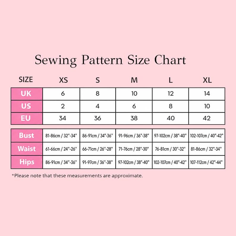 Pode incluir: Uma tabela de tamanhos para moldes de costura em um fundo rosa claro. A tabela lista os tamanhos de XS a XL com as correspondentes medidas UK, US e EU. Inclui medidas de busto, cintura e quadril em cent&iacute;metros e polegadas, observando que estas medidas s&atilde;o aproximadas.