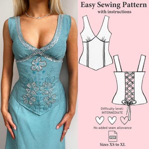 Patrón de costura de corsé superior Y2K, patrón PDF de corsé con cordones, corsé superior de época, patrón de corsé de verano, patrón de costura de corsé superior con lazo en la espalda, patrón Y2K