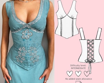 Y2K Corset Top Sewing Pattern, Lace Up Corset PDF Pattern, Period Corset Top, Summer Corset Pattern, Tie Back Top Sewing Pattern,Y2K Pattern