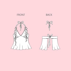May include: A white halter top with a ruffled neckline and a bow at the neck. The back of the top has a tie closure with a bow. The top is shown on a pink background.