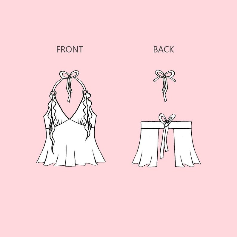 May include: A white halter top with a ruffled neckline and a bow at the neck. The back of the top has a tie closure with a bow. The top is shown on a pink background.