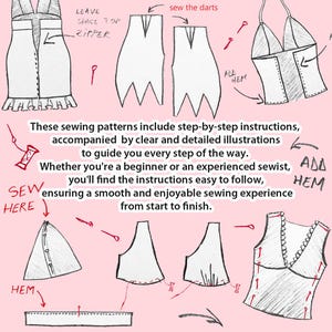 Pode incluir: Um guia de molde de costura em fundo rosa com esbo&ccedil;os a preto e branco de pe&ccedil;as de vestu&aacute;rio, incluindo corpete e bainhas. O texto inclui 'LEAVE SPACE TOP ZIPPER', 'sew the darts', 'ADD HEM', 'SEW HERE' e 'HEM', com alfinetes e linha.