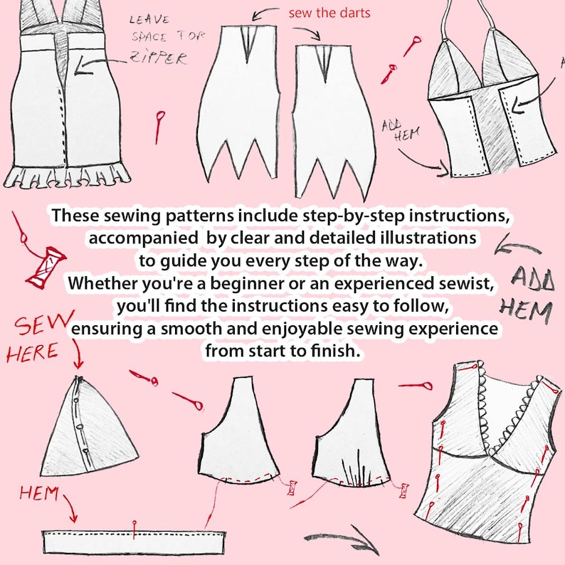 Pode incluir: Um guia de molde de costura em fundo rosa com esbo&ccedil;os a preto e branco de pe&ccedil;as de vestu&aacute;rio, incluindo corpete e bainhas. O texto inclui 'LEAVE SPACE TOP ZIPPER', 'sew the darts', 'ADD HEM', 'SEW HERE' e 'HEM', com alfinetes e linha.