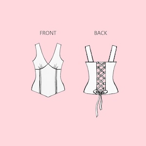 May include: Line drawing of a white corset top, front and back views. The front view shows a V-neckline and vertical seams. The back view features a lace-up design and shoulder straps. The word "FRONT" and "BACK" are above the respective views.