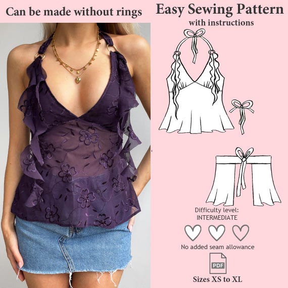 Halter Neck Babydoll Ruffles Top Sewing Pattern, Halter Neck PDF Pattern,  Tie Back Top Sewing Pattern, Y2K Pattern, Cami Top Pattern XS- XL