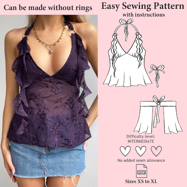 Halter Neck Babydoll Ruffles Top Sewing Pattern, Halter Neck PDF Pattern,  Tie Back Top Sewing Pattern, Y2K Pattern, Cami Top Pattern XS- XL