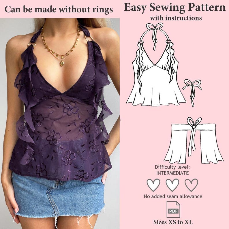 Halter Neck Babydoll Ruffles Top Sewing Pattern, Halter Neck PDF Pattern, Tie Back Top Sewing Pattern, Y2K Pattern, Cami Top Pattern XS- XL image 1