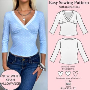 May include: A light blue long-sleeve top with white polka dots, a V-neckline, and a gathered front detail. The image includes a technical sewing pattern illustration with the text Easy Sewing Pattern with instructions, Intermediate, 1cm added seam allowance, and Sizes XS to XL.