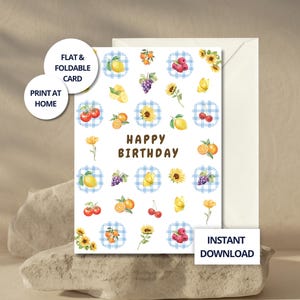 Biglietto di auguri di compleanno con frutta stampabile / Biglietto di auguri di compleanno estivo Cottagecore per lei / Download immediato / Biglietto di auguri con frutta acquerellata / Biglietto di auguri con limone