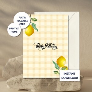 Carte d’Anniversaire Citron Jaune à Imprimer – Design Gingham Estival, Téléchargement Numérique Frais et Coloré pour Femme