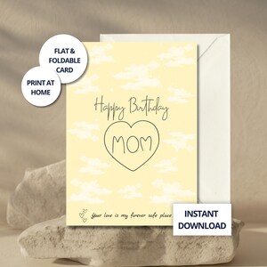 Carte d'anniversaire pour maman – Design nuages jaunes et cœur, citation émotive, carte imprimable à télécharger instantanément