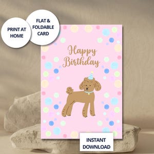 Carte Anniversaire Chien Poodle – Téléchargement Imprimable 5x7, Rose, Chien Mignon à Fêter