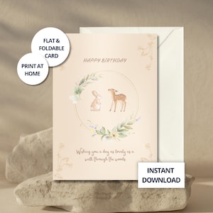 Carte d'anniversaire Cottagecore pour elle – Design esthétique doux avec lapin & faon – Carte imprimable vintage beige