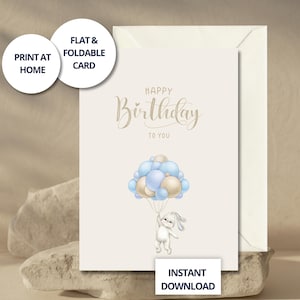 Carte d’anniversaire neutre avec lapin et ballons – design beige & bleu, thème forêt minimal, téléchargement numérique instantané