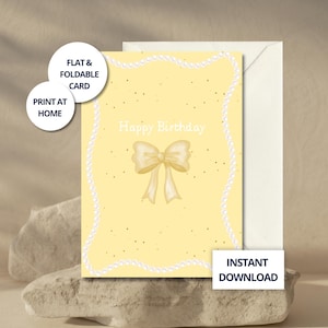 Carte d’Anniversaire Imprimable Jaune avec Nœud et Perles – Téléchargement Féminin Chic et Élégant pour Elle