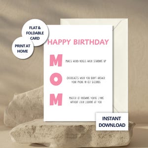 Cartão de aniversário para a mãe das crianças Cartão de felicitações engraçado para ela Presente estético rosa para impressão para a mãe Download instantâneo Texto de aniversário humorístico
