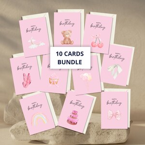 Verjaardagskaartpakket roze wenskaart voor klein meisje Afdrukbare kaart voor haar Instant Download Happy Birthday Card-bundel afdrukbare meisjeskaart