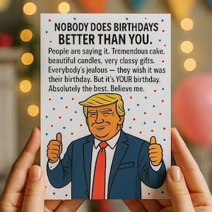 Grappige Trump verjaardagskaart politieke humor meme stijl parodie 5 x 7 wenskaart afdrukbare digitale download Donald Trump verjaardagskaart satire