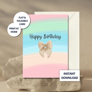 Carte Anniversaire Aquarelle Arc-en-ciel Pastel – Nœud Beige, Téléchargement Numérique Féminin Élégant à Imprimer