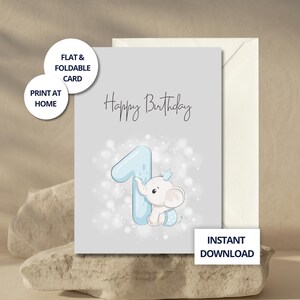 Carte 1er anniversaire éléphant, première carte d'anniversaire pour enfant de 1 an, téléchargement immédiat, carte de premier anniversaire de bébé garçon, carte imprimable, carte 5 x 7