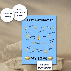 Cartão romântico de aniversário para namorado ou namorada, azul com corações dourados, download digital PDF