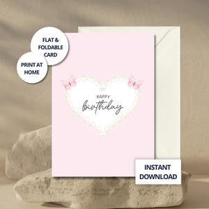 Carte Anniversaire Cœur de Perles et Papillons – Téléchargement Numérique Pastel Féminin, Imprimable Doux Pour Elle