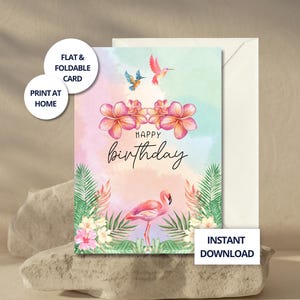 Carte d’anniversaire tropicale imprimable avec flamant rose – Design pastel fleurs et oiseaux, téléchargement numérique instantané