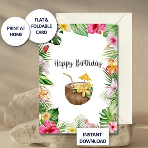 Biglietto compleanno tropicale da stampare – cocco estivo e fiori di ibisco – tema isola, download digitale istantaneo PDF PNG