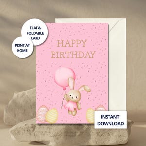Carte Anniversaire Numérique avec Lapin Rose et Ballon – Fête Printanière pour Fille à Télécharger
