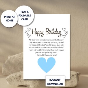 Carte d’anniversaire pour fils – Message émouvant de maman – À imprimer 5x7 avec cœur bleu – Téléchargement instantané