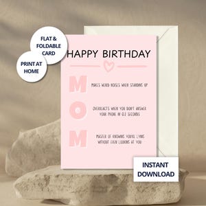 Cartão de aniversário para mãe, presente engraçado para mãe, cartão de felicitações para impressão de crianças para a mãe, download instantâneo, cartão para ela, presente de texto fofo para a mãe, engraçado