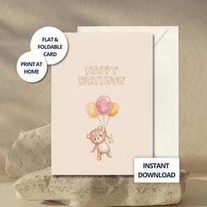 Cartão de Aniversário com Urso Fofo – Download Digital, Cartão Infantil, Urso em Aquarela, Cartão de Aniversário Bege para Imprimir
