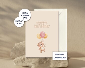Carte d'anniversaire ours mignon – Téléchargement numérique, carte pour enfants, ours en peluche aquarelle, carte d'anniversaire imprimable