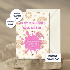 Zomerverjaardagskaart Bestie, kustesthetiek, leuke zomerkaart, afdrukbare schelpkaart, girlykaart voor beste vriend, Instant Download