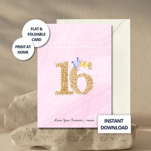 Cartão de aniversário de 16 anos de mãe para filha - Cartão com glitter rosa para adolescente, Cartão de aniversário de 16 anos para filha, Cartão de aniversário pessoal da mãe
