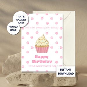 Cupcake verjaardagskaart voor Bestie roze polkadot kaart leuke afdrukbare verjaardagskaart voor haar Coquette Esthetic Instant Download cadeau voor BFF