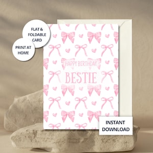 Birthday Card for Bestie, Aesthetic Card for Best Friend, Bow Card, Girly Birthday Card, BFF Printable Card, Happy Birthday Bestie, Digital