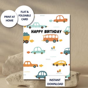 Biglietto compleanno auto stampabile, veicoli colorati design, PDF 5x7 digitale per bambini