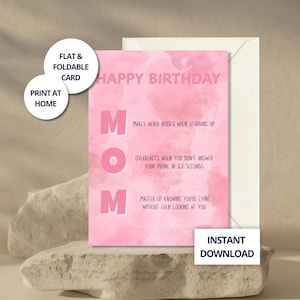 Cartão de aniversário engraçado para a mãe com texto para impressão, saudação para a mãe de crianças, presente de dia das mães, download instantâneo, cartão rosa digital para a mamãe