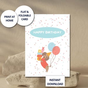 Carte anniversaire chiot mignon à imprimer, pastel chien fête, ballon numérique, cadeau enfant, fichier pliable à télécharger