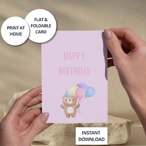 Cartão de aniversário de urso, cartão de aniversário com balões, cartão de aniversário para ela, cartões de aniversário fofos, cartões de aniversário para crianças, cartão de aniversário 5x7