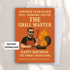 Funny Birthday Card for Dad Grill Master BBQ Lover Humor 5x7 Greeting Card Printable Digital Download for Him Husband or Father-in-Law