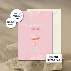 Happy Birthday Bestie Card | Pink Printable BFF Birthday Card | Girly Champagne Card | Instant Download | Best Friend | Bestie Birthday Card