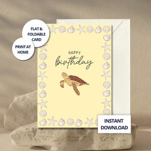 Sea turtle birthday card, shell birthday card, happy birthday card printable, cute birthday card, ocean birthday card, instant download