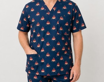 Uniforme médico Sails para hombre / Uniforme de enfermería / Uniformes sanitarios, uniforme médico profesional para hombre / Cuello en V para hombre con bolsillos en el pecho y de parche