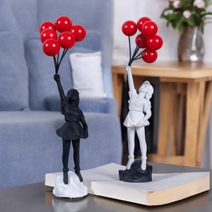 Cartoon Girl Figurine Flying Abstract Love Balloon Girl Sculpture Modern Ornament for Home Office Study Gift Décor