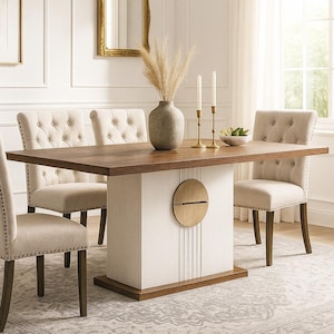 May include: A dining room set with a rectangular wooden table and six upholstered chairs. The table has a white base with a decorative gold accent. The chairs are beige with button tufting. The text in the image says "Seats Up To 6".